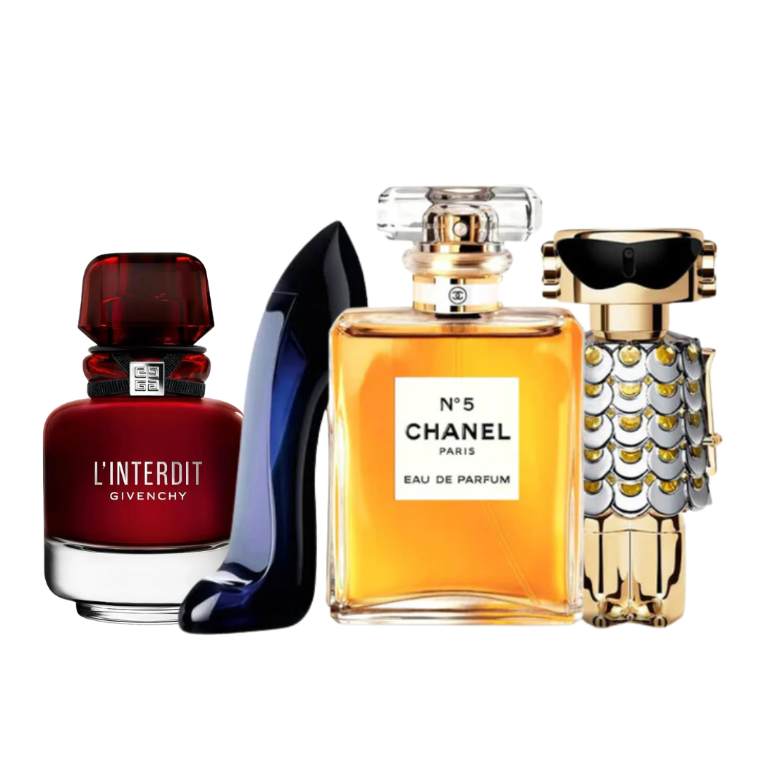 4 Perfumes - L'Interdit Rouge, Carolina Herrera GOOD GIRL, Chanel Nº5 et Paco Rabanne FAME (ACHETEZ 1, OBTENEZ 4)